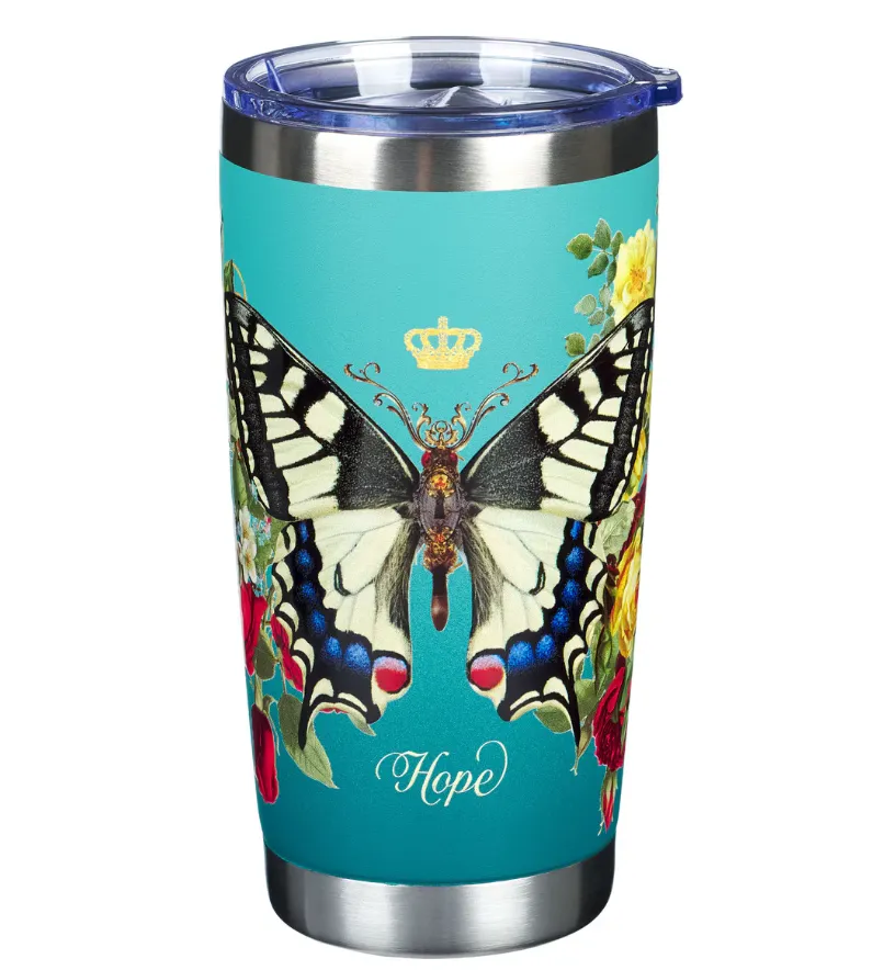 Teal Hope Butterfly Stainless Steel Travel Tumbler - Isaiah 40:31