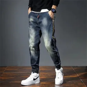 Urban Edge: Men's Loose Fit Baggy Moto Jeans with Fashion Pockets - Retro Streetwear Harem Pants for Relaxed and Tapered Style