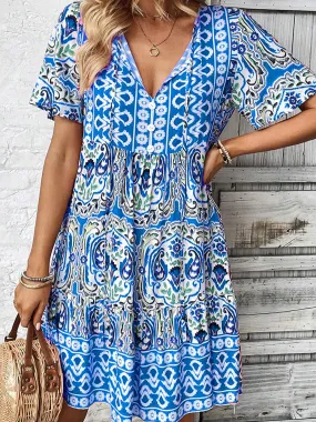 V-neck Loose Bohemian Print Dress