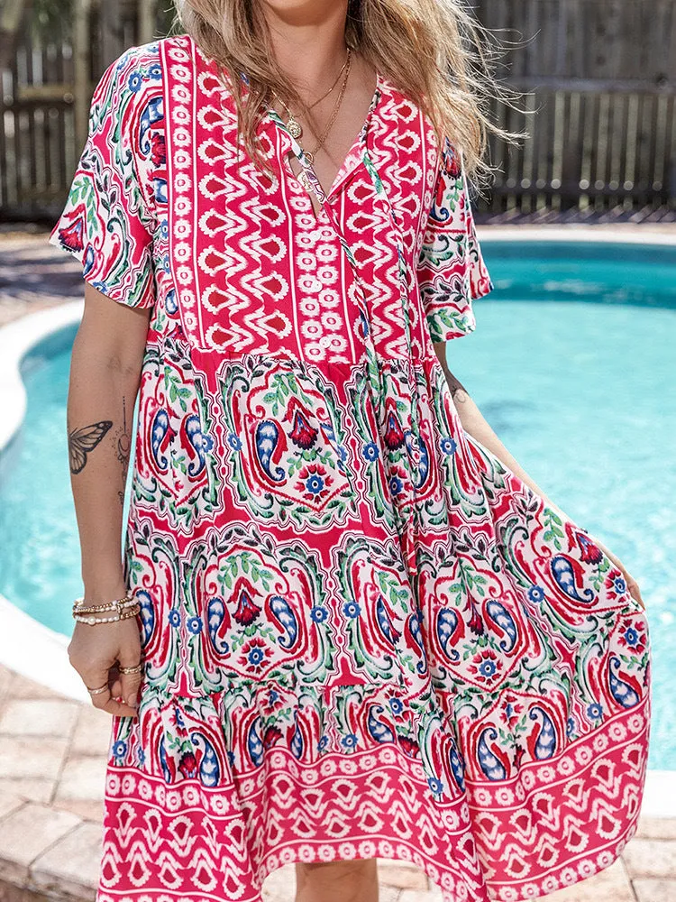 V-neck Loose Bohemian Print Dress