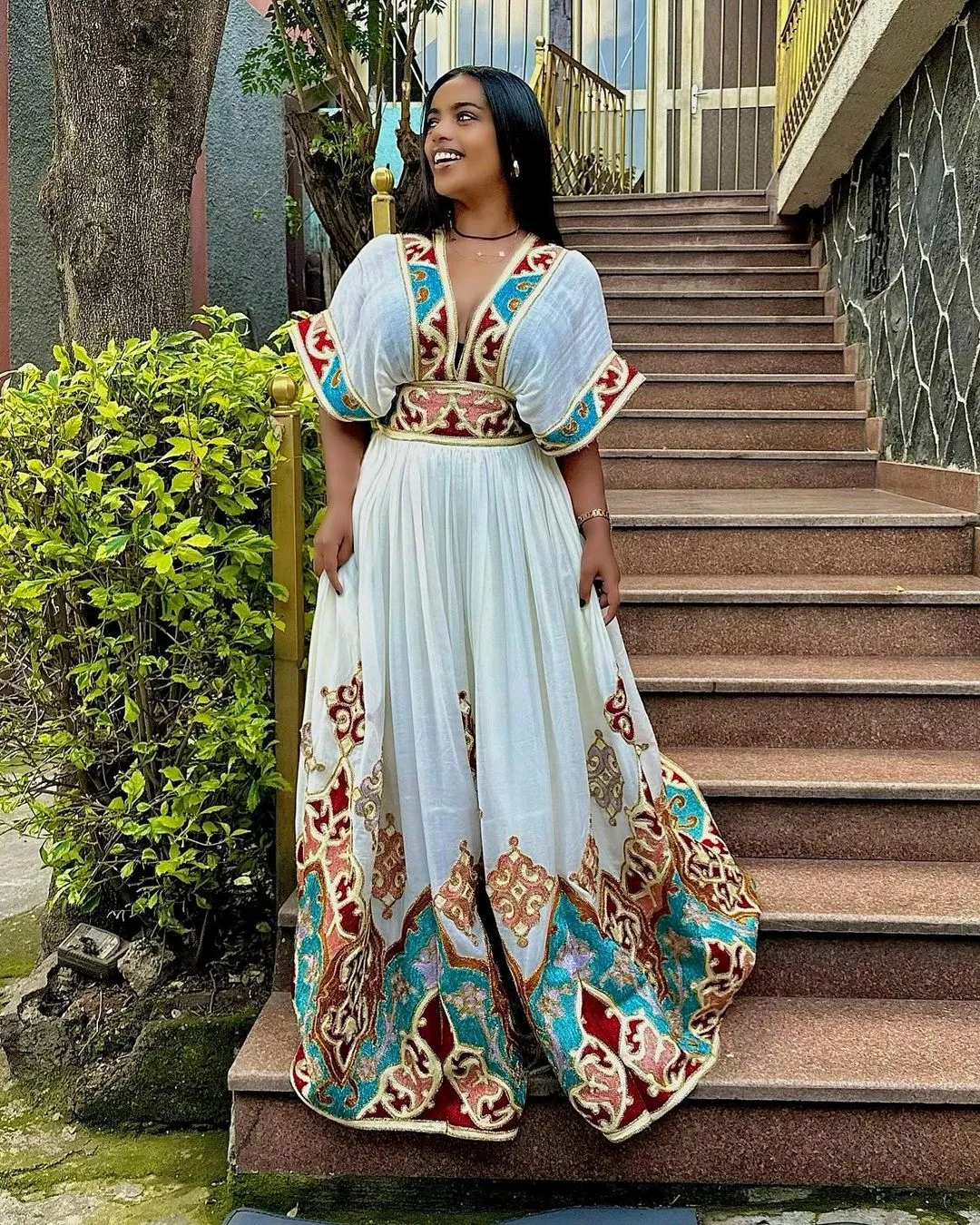 Vibrant Red and Blue Design Habesha Kemis Modern Habesha Dress Style