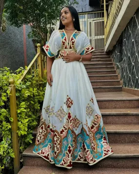 Vibrant Red and Blue Design Habesha Kemis Modern Habesha Dress Style