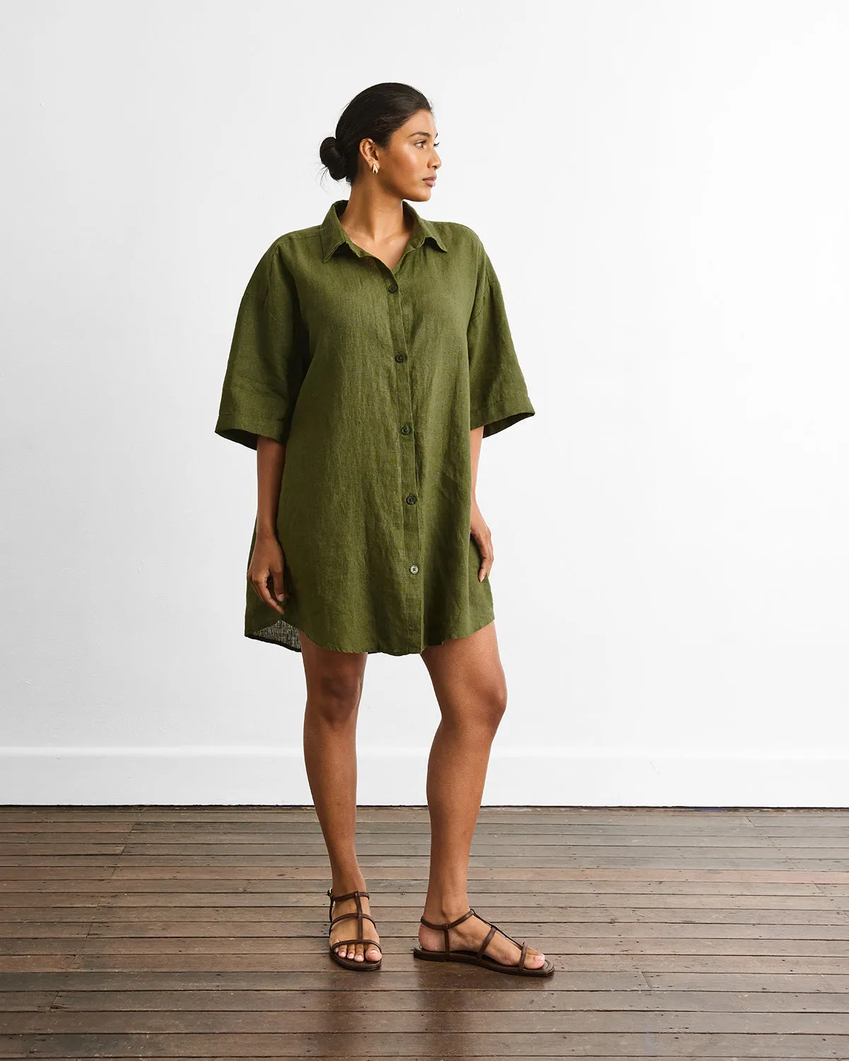 Villa Linen Shirt Dress in Olive