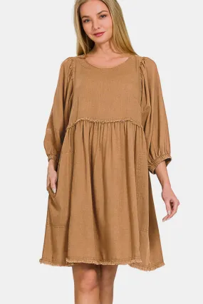 Washed Linen Pleated Puff Sleeve Babydoll Dress