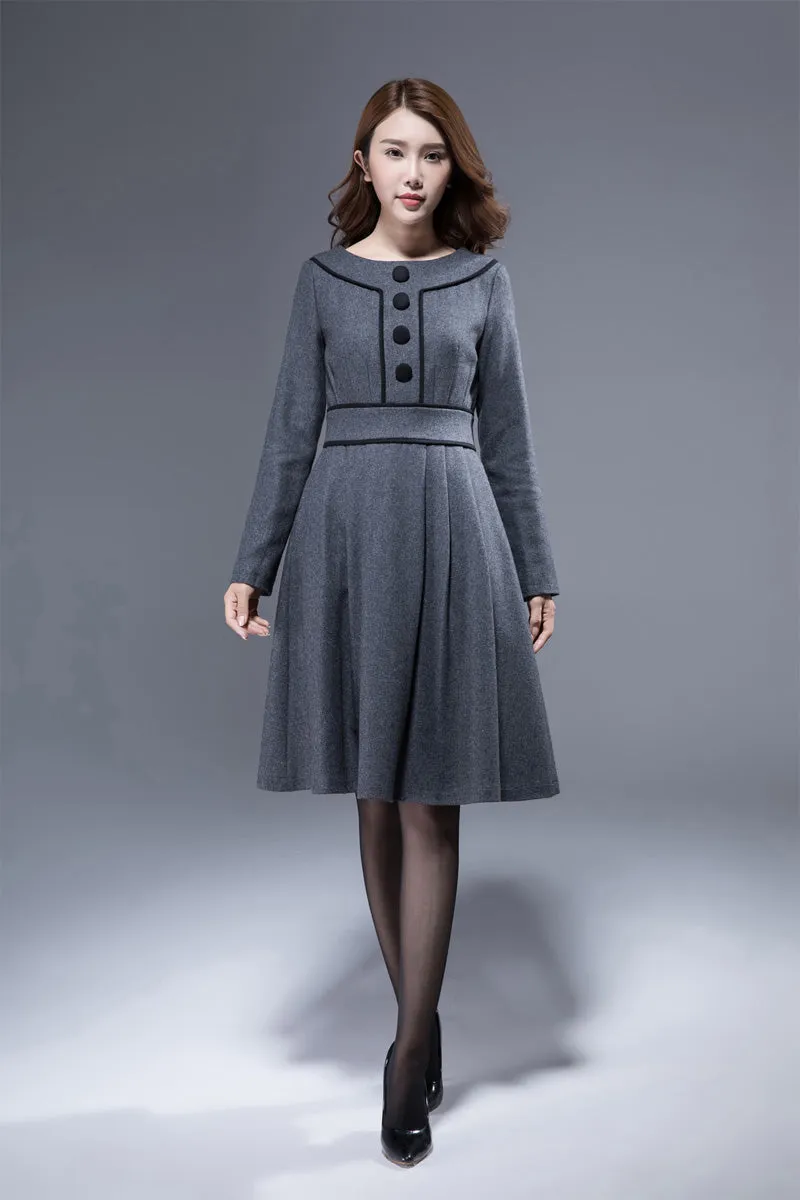 winter dress women, dark gray wool dress, knee length dress, wool dress, pocket dress 1812