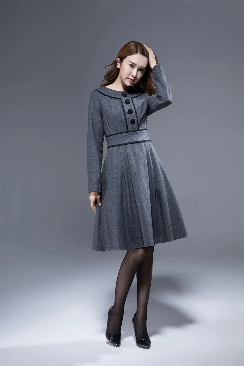 winter dress women, dark gray wool dress, knee length dress, wool dress, pocket dress 1812