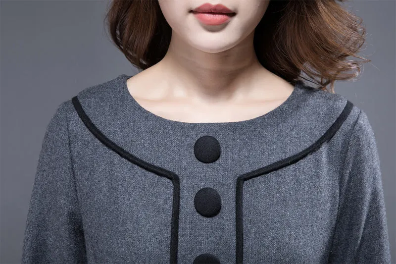 winter dress women, dark gray wool dress, knee length dress, wool dress, pocket dress 1812