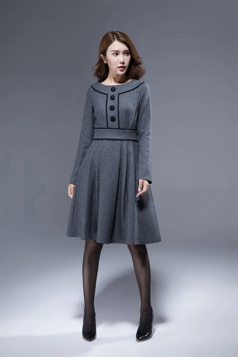 winter dress women, dark gray wool dress, knee length dress, wool dress, pocket dress 1812