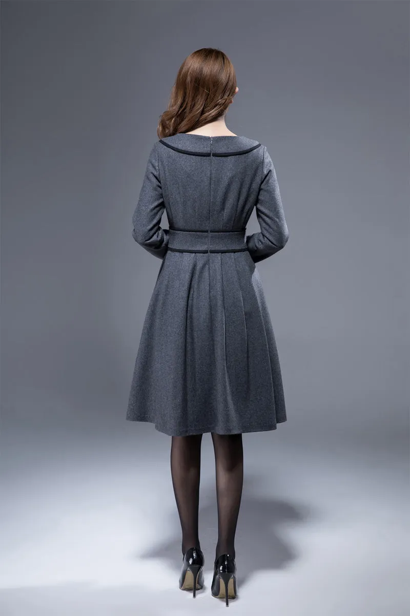 winter dress women, dark gray wool dress, knee length dress, wool dress, pocket dress 1812