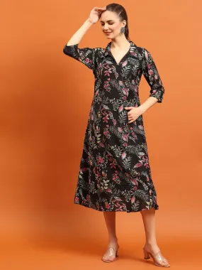 Women Black Shirt Collar Printed Dress