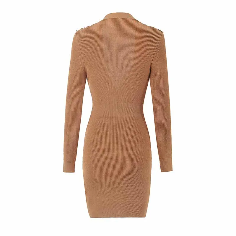 Women Camel Ribbed-knit Short-sleeve Dress V-neck Cockail Dress