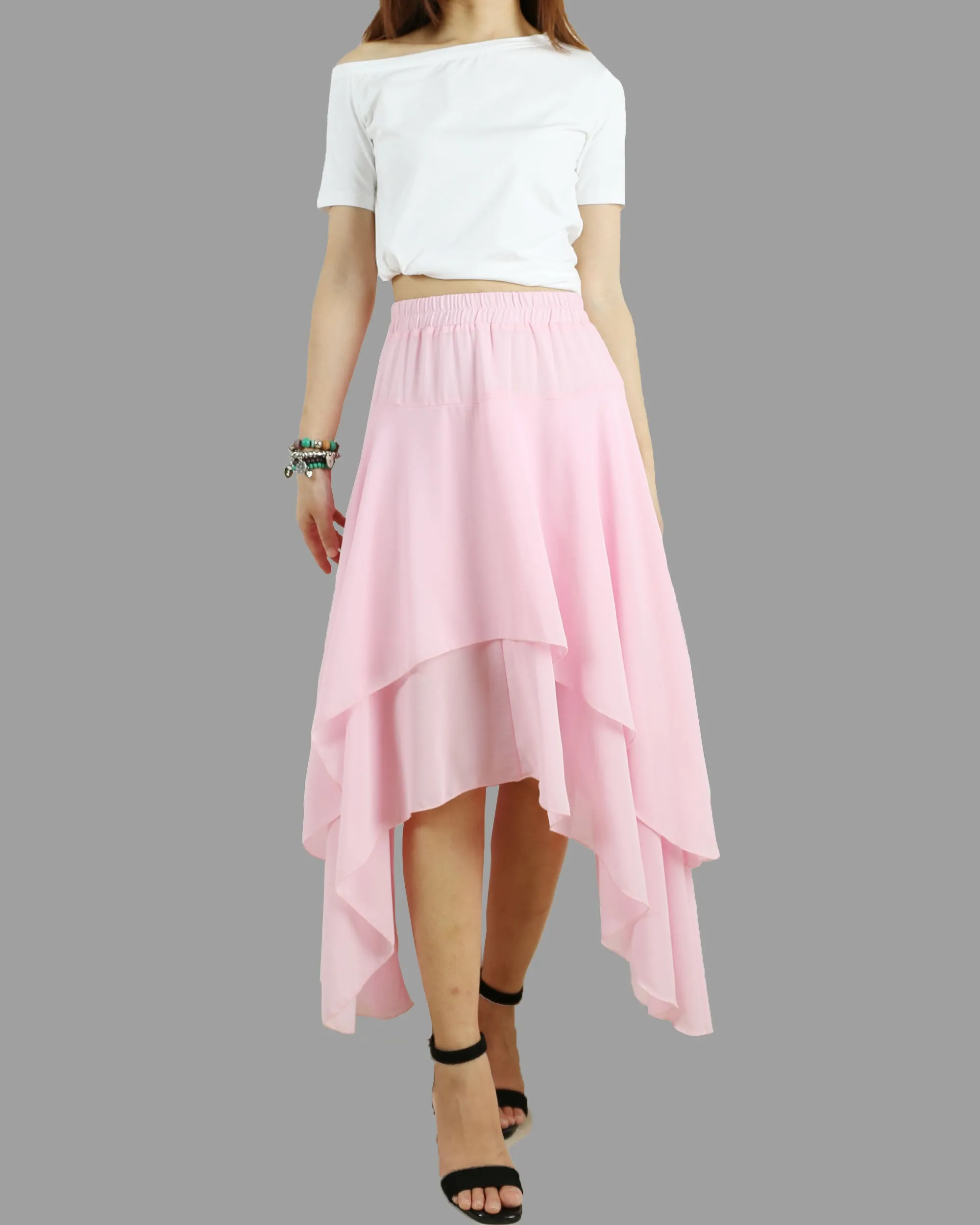 Women's asymmetrical skirt, chiffon skirt, elastic waist skirt, customized summer skirt(Q1004)