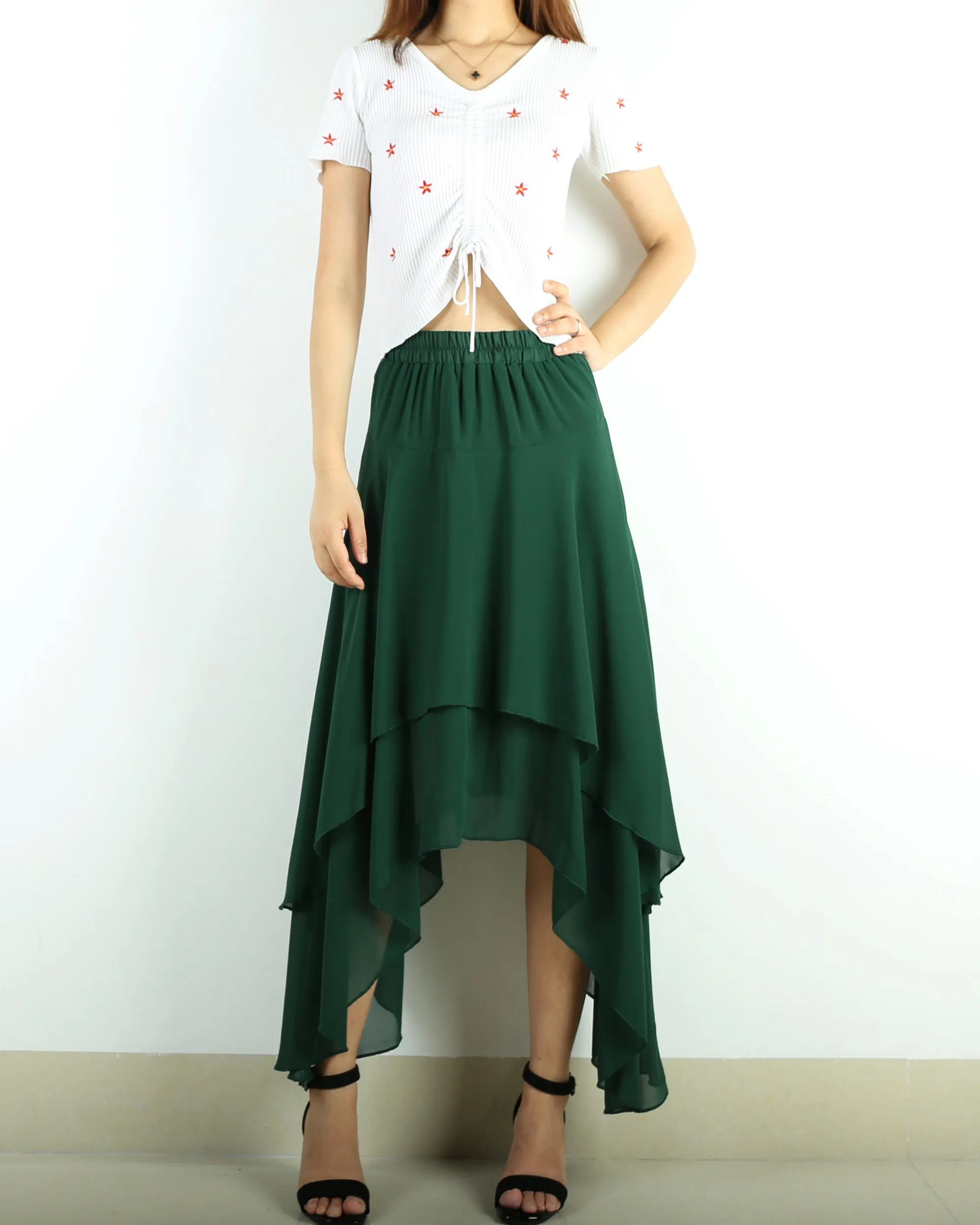 Women's asymmetrical skirt, chiffon skirt, elastic waist skirt, customized summer skirt(Q1004)