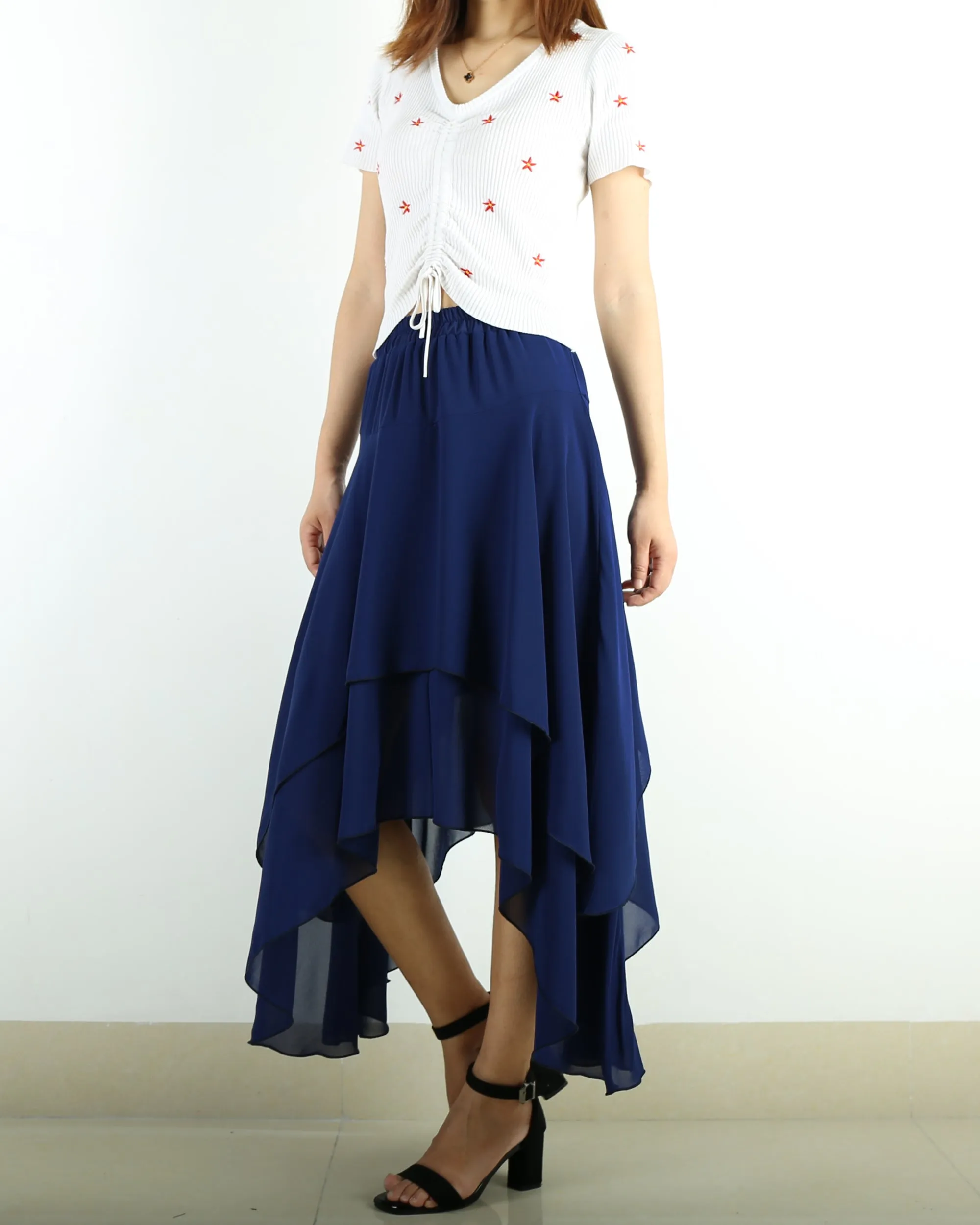 Women's asymmetrical skirt, chiffon skirt, elastic waist skirt, customized summer skirt(Q1004)