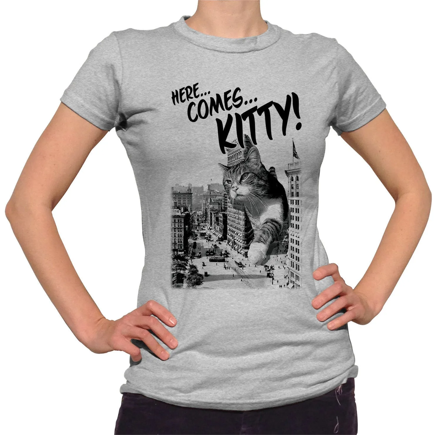 Women's Here Comes Kitty T-Shirt Funny Giant Cat TShirt