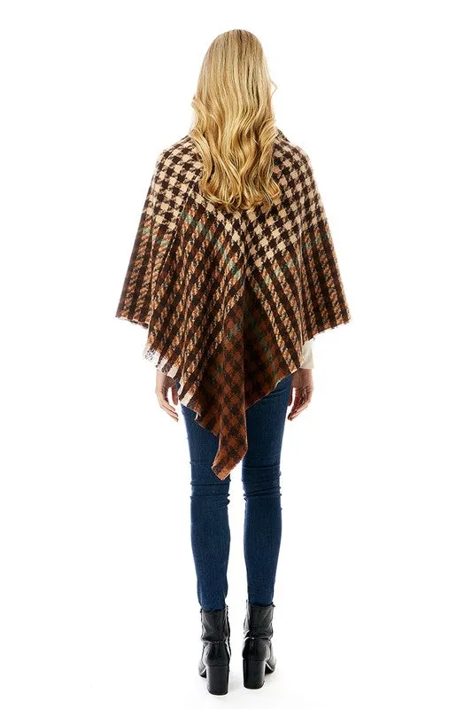 Women's Hounds tooth Poncho with Fringe