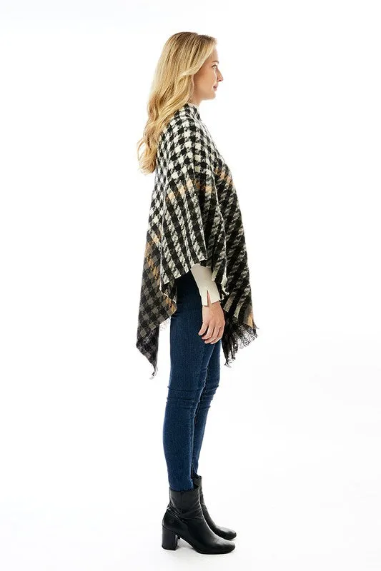 Women's Hounds tooth Poncho with Fringe