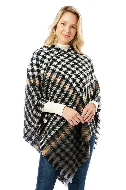 Women's Hounds tooth Poncho with Fringe