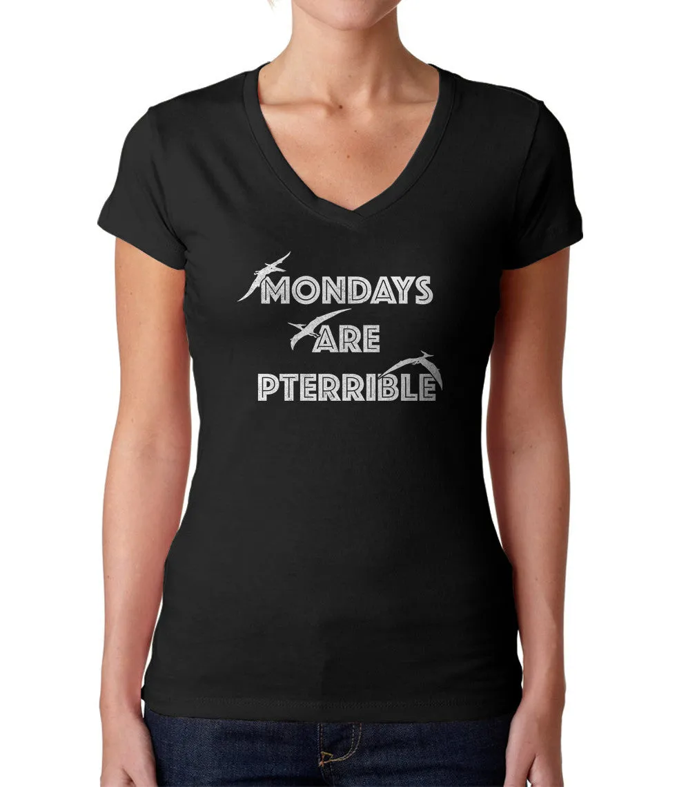 Women's Mondays Are Pterrible Vneck T-Shirt - Funny Dinosaur Shirt