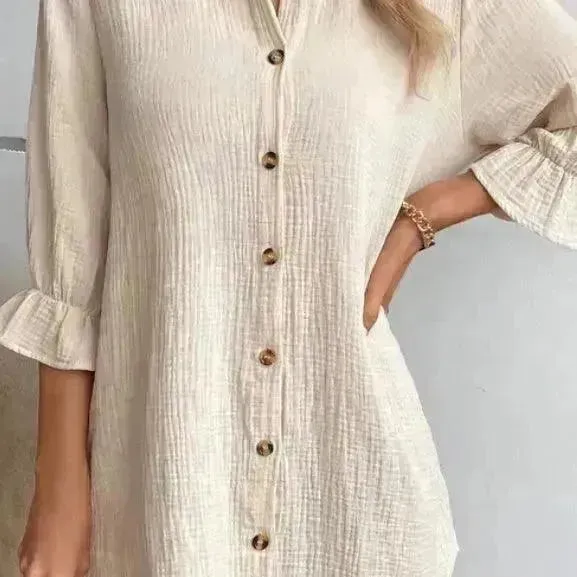 Women's Solid Color Cotton Ruffled Sleeve And Linen Breasted Loose Shirt Dress