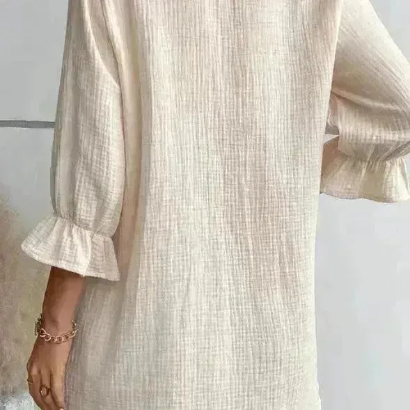 Women's Solid Color Cotton Ruffled Sleeve And Linen Breasted Loose Shirt Dress