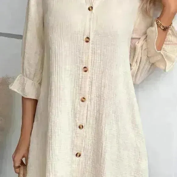 Women's Solid Color Cotton Ruffled Sleeve And Linen Breasted Loose Shirt Dress