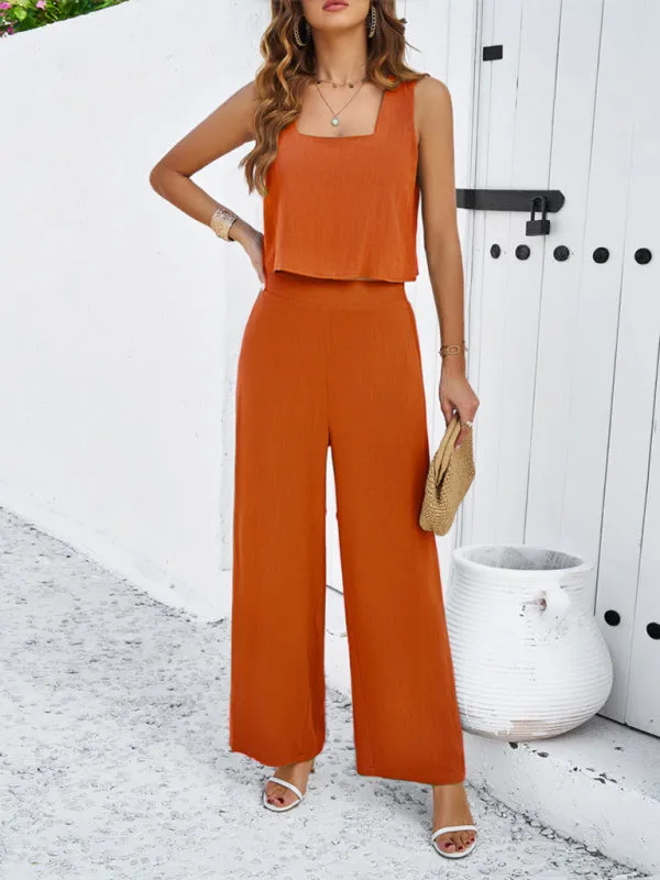 Women's Square Neck Sleeveless Top And Matching Wide Leg Trousers