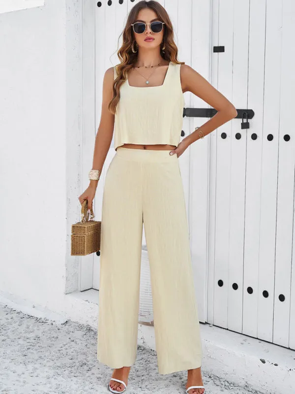 Women's Square Neck Sleeveless Top And Matching Wide Leg Trousers