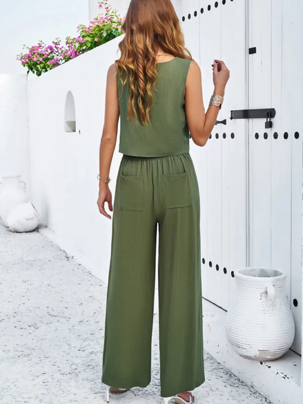 Women's Square Neck Sleeveless Top And Matching Wide Leg Trousers