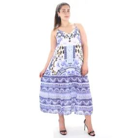 Women's V-Neck Printed Long Dress,Blue