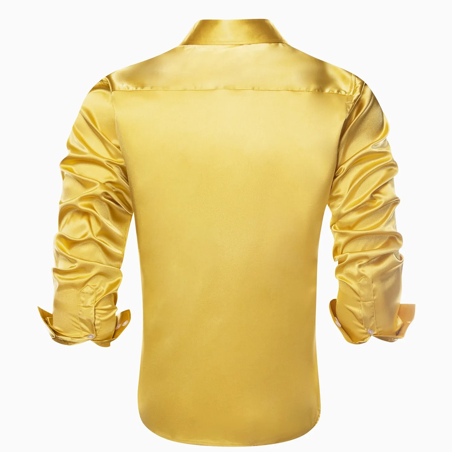 Yellow Solid Satin Silk Men's Long Sleeve Business Shirt