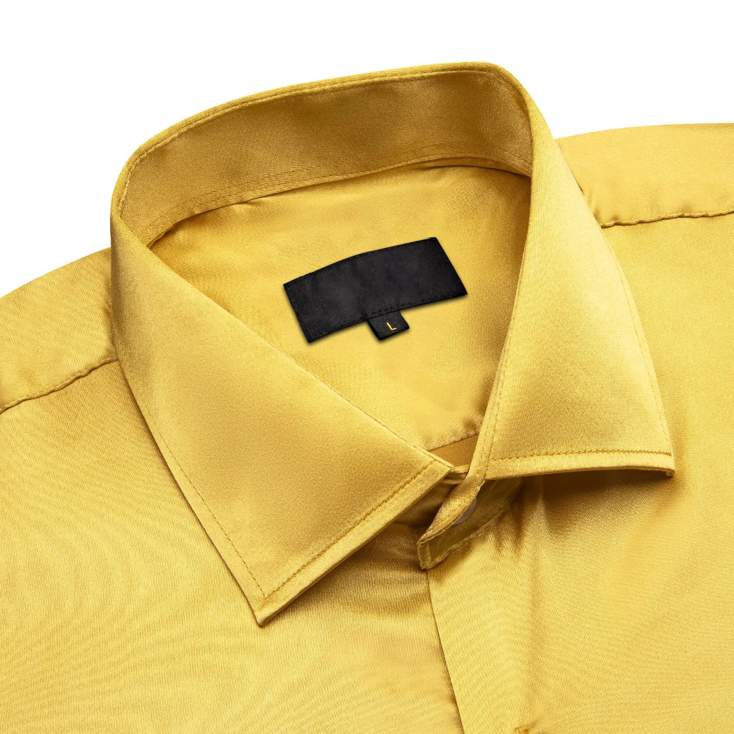 Yellow Solid Satin Silk Men's Long Sleeve Business Shirt