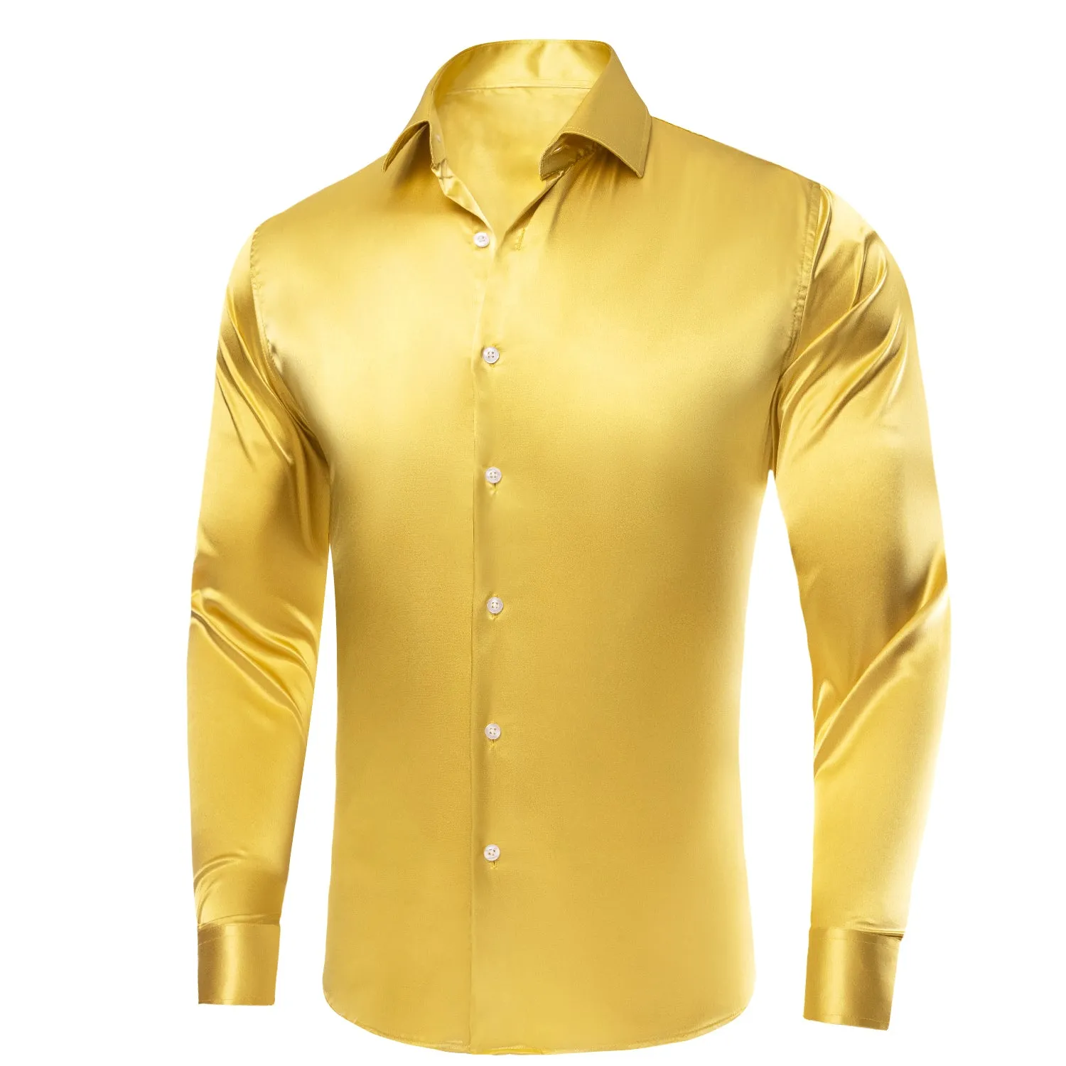 Yellow Solid Satin Silk Men's Long Sleeve Business Shirt