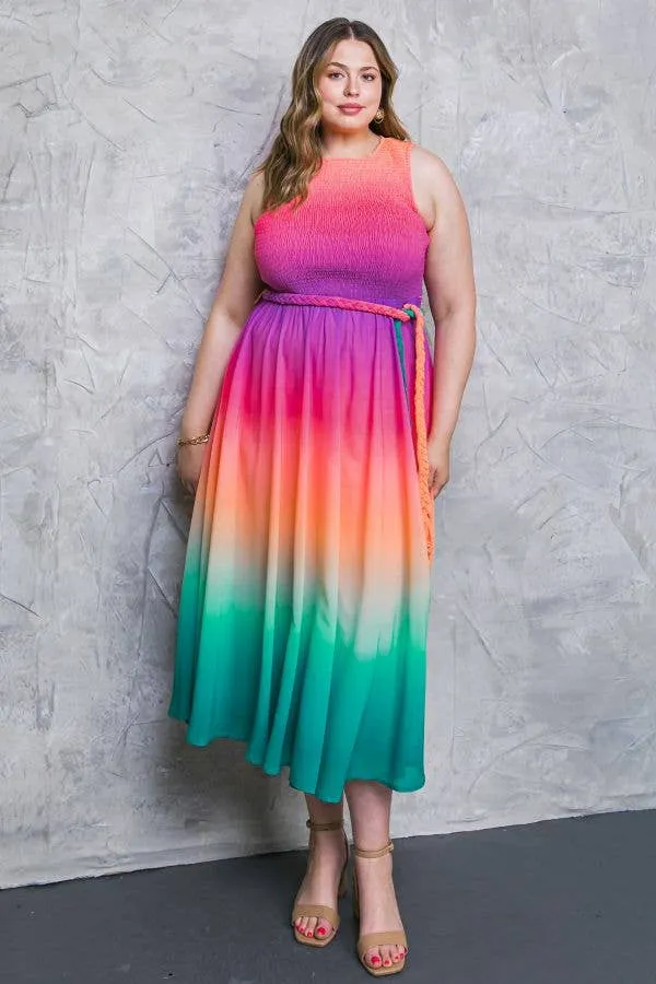 Yuma, Sleeveless Smocked Woven Midi Ombre Dress w/ Belt